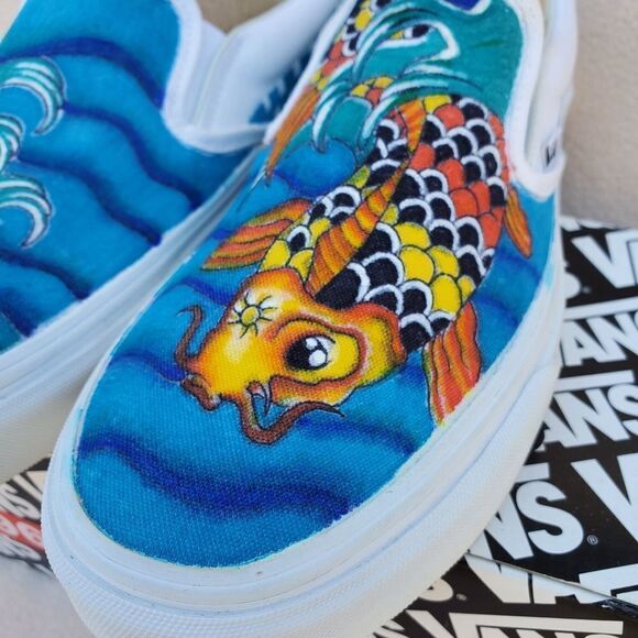Hand Crafted Slip On Classic Vans with a Koi Fish and a Lotus Flower - Picture 3 of 11